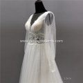 design plain train wedding dresses long sleeves open V back boat neckline a line bridal dress